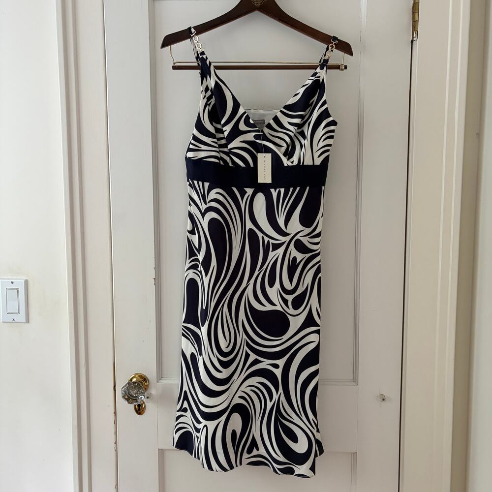Ann Taylor Swirl Pattern Silk Dress Size 2 NWT Navy and Cream - Picture 2 of 11